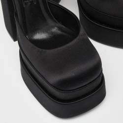 Versace Black Satin La Medusa Crystal Embellished Ankle Strap Block Heel Pumps Size 38.5