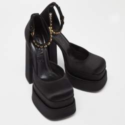 Versace Black Satin La Medusa Crystal Embellished Ankle Strap Block Heel Pumps Size 38.5