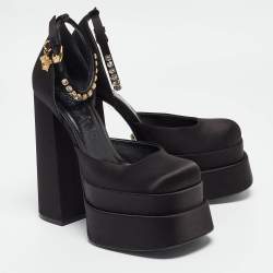 Pre Owned Versace Black Satin Crystal Embellished Ankle Strap Pumps Size 38.5  