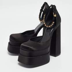 Pre Owned Versace Black Satin Crystal Embellished Ankle Strap Pumps Size 38.5  