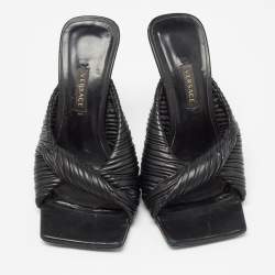 Versace Black Leather Plisse Slide Sandals Size 35