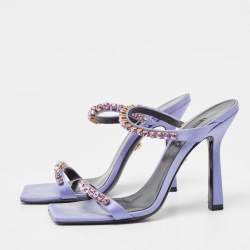 مملوكة مسبقًا Versace Purple Satin Crystal Embellished Square Toe Slide Sandals Size 40