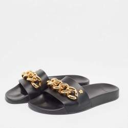 Versace Black Leather Medusa Chain Pool Slides Size 37