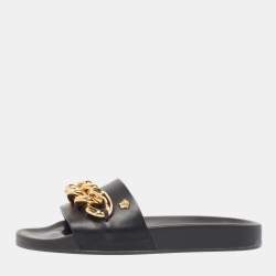 Versace Black Leather Medusa Chain Pool Slides Size 37