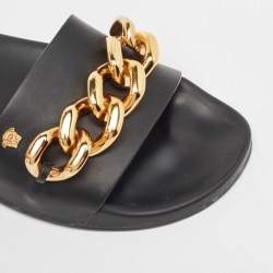 Versace Black Leather Medusa Chain Pool Slides Size 37