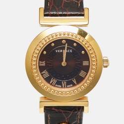 Pre Owned Versace Brown Gold Plated Stainless Steel Leather Vanity P5Q Women's Wristwatch 35 mm