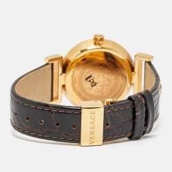 Pre Owned Versace Brown Gold Plated Stainless Steel Leather Vanity P5Q Women's Wristwatch 35 mm