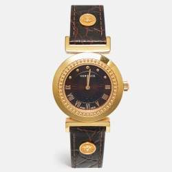 Pre Owned Versace Brown Gold Plated Stainless Steel Leather Vanity P5Q Women's Wristwatch 35 mm