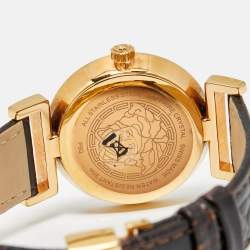 Pre Owned Versace Brown Gold Plated Stainless Steel Leather Vanity P5Q Women's Wristwatch 35 mm