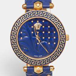 Pre Owned Versace Vanitas VK7040013 Blue Dial Rose Gold PVD Coated Stainless Steel Leather Women's Wristwatch 40 mm