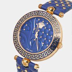 Pre Owned Versace Vanitas VK7040013 Blue Dial Rose Gold PVD Coated Stainless Steel Leather Women's Wristwatch 40 mm