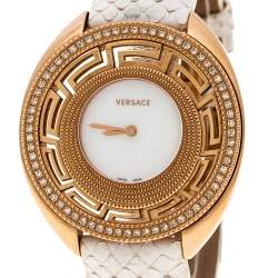 Pre Owned Versace White Mother of Pearl Gold Tone Diamond 67Q Women's Wristwatch 39 mm