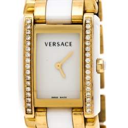 Pre Owned Versace White Ceramic Gold Stainless Steel Diamonds Era 70Q Women's Wristwatch 24 mm
