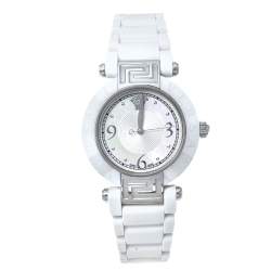 Pre Owned Versace White Mother Of Pearl White Ceramic Stainless Steel Rubber Reve 92Q Women's Wristwatch 35 mm