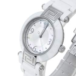 Pre Owned Versace White Mother Of Pearl White Ceramic Stainless Steel Rubber Reve 92Q Women's Wristwatch 35 mm