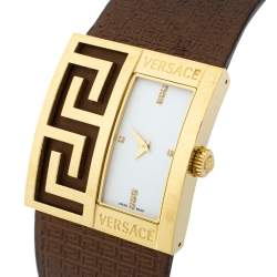 Pre Owned Versace White Yellow Gold Tone Stainless Steel V-Greca 64Q Women's Wristwatch 36 mm