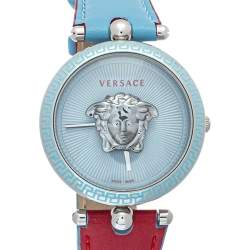 Pre Owned Versace Blue Stainless Steel & Leather Palazzo VCO 070017 Women's Wristwatch 37mm