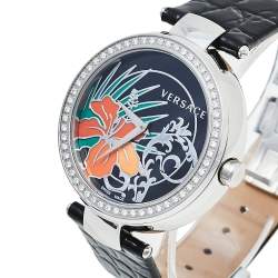 Pre Owned ساعة يد نسائية فيرساتشي هيبيسكوس ميستيك آي9كيو91دي9أتش آي أس009 ألماس و جلد و ستانلس ستيل سوداء 38 مم