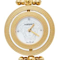 Pre Owned Versace Mother Of Pearl Yellow Gold Plated Stainless Steel Eon 79Q Women's Wristwatch 33.5 mm