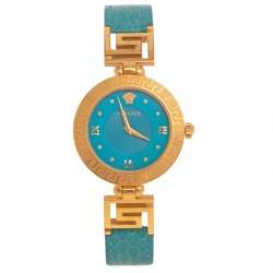Pre Owned Versace Blue Gold Plated Stainless Steel Leather V-Signature VLA Women's Wristwatch 35 mm