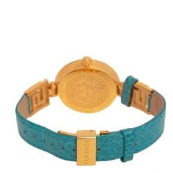 Pre Owned Versace Blue Gold Plated Stainless Steel Leather V-Signature VLA Women's Wristwatch 35 mm