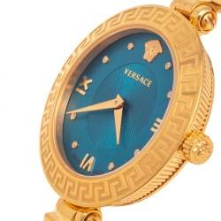 Pre Owned Versace Blue Gold Plated Stainless Steel Leather V-Signature VLA Women's Wristwatch 35 mm