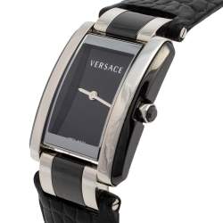 مملوكة مسبقًا Versace Black Stainless Steel & Ceramic Leather Era 70Q Women's Wristwatch 24 mm