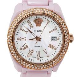 Pre Owned Versace Mother of Pearl Ceramic & Rose Gold Plated Stainless Steel Diamond DV One 01ACP51 Women's Wristwatch 41 mm