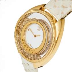 مملوكة مسبقًا ساعة يد نساية فيرساتشي ديستني سبيريت 86Q ستانلس ستيل مطلي ذهبي جلد ثعبان بيضاء 39مم