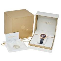 Pre Owned Versace Blue Gold Plated Stainless Steel Leather Virtus VEHC Women's Wristwatch 36 mm