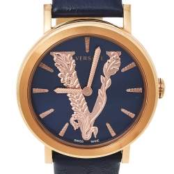 Pre Owned Versace Blue Gold Plated Stainless Steel Leather Virtus VEHC Women's Wristwatch 36 mm
