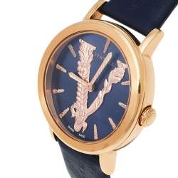 Pre Owned Versace Blue Gold Plated Stainless Steel Leather Virtus VEHC Women's Wristwatch 36 mm