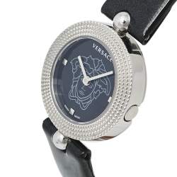 Pre Owned Versace Black Stainless Steel Patent Leather Eon Soiree 94Q Women's Wristwatch 27 mm