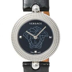 Pre Owned Versace Black Stainless Steel Patent Leather Eon Soiree 94Q Women's Wristwatch 27 mm