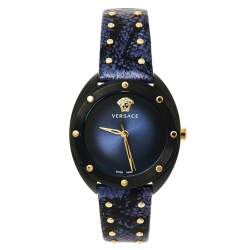 Pre Owned Versace Blue Ion Plated Steel Leather Shadov VEBM00418 Women's Wristwatch 38 mm