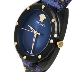Pre Owned Versace Blue Ion Plated Steel Leather Shadov VEBM00418 Women's Wristwatch 38 mm
