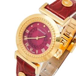 Pre Owned Versace Red Gold Plated Stainless Steel & Leather Vanity P5Q Women's Wristwatch 35 mm