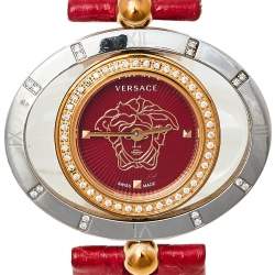 Pre Owned Versace Red Two Tone Stainless Steel Leather Diamond Eon Ellipsis 91Q Women's Wristwatch 32 mm x 40 mm