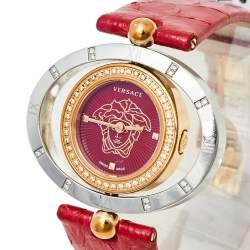 Pre Owned Versace Red Two Tone Stainless Steel Leather Diamond Eon Ellipsis 91Q Women's Wristwatch 32 mm x 40 mm