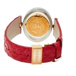Pre Owned Versace Red Two Tone Stainless Steel Leather Diamond Eon Ellipsis 91Q Women's Wristwatch 32 mm x 40 mm