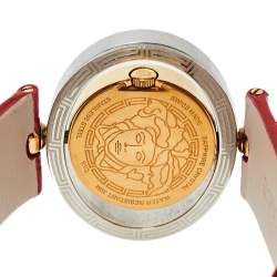 Pre Owned Versace Red Two Tone Stainless Steel Leather Diamond Eon Ellipsis 91Q Women's Wristwatch 32 mm x 40 mm