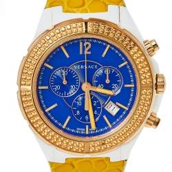 Pre Owned Versace Blue Ceramic & Gold Tone Stainless Steel Leather DV One 28C Women's Wristwatch 42 mm