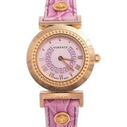Pre Owned Versace Lilac Gold Plated Stainless Steel Leather Vanity P5Q Women's Wristwatch 35 mm 