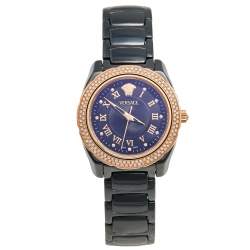 Pre Owned Versace Black Ceramic Rose Gold Stainless Steel Diamonds DV One Glamour 63Q Men's Wristwatch 34 mm