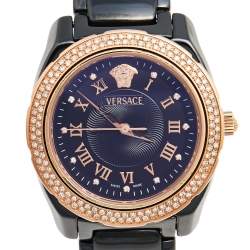 Pre Owned Versace Black Ceramic Rose Gold Stainless Steel Diamonds DV One Glamour 63Q Men's Wristwatch 34 mm