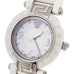 Pre Owned Versace White Mother Of Pearl White Ceramic Stainless Steel Rubber Reve 92Q Women's Wristwatch 35 mm