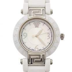 Pre Owned Versace White Mother Of Pearl White Ceramic Stainless Steel Rubber Reve 92Q Women's Wristwatch 35 mm