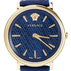 Pre Owned Versace Blue Gold Plated Stainless Steel Leather V-Circle VBP09 0017 Women's Wristwatch 38 mm