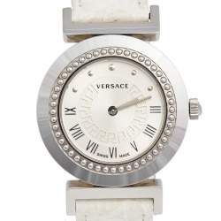 Pre Owned Versace Silver White Stainless Steel Leather Vanity P5Q Women's Wristwatch 35 mm