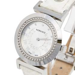 Pre Owned Versace Silver White Stainless Steel Leather Vanity P5Q Women's Wristwatch 35 mm